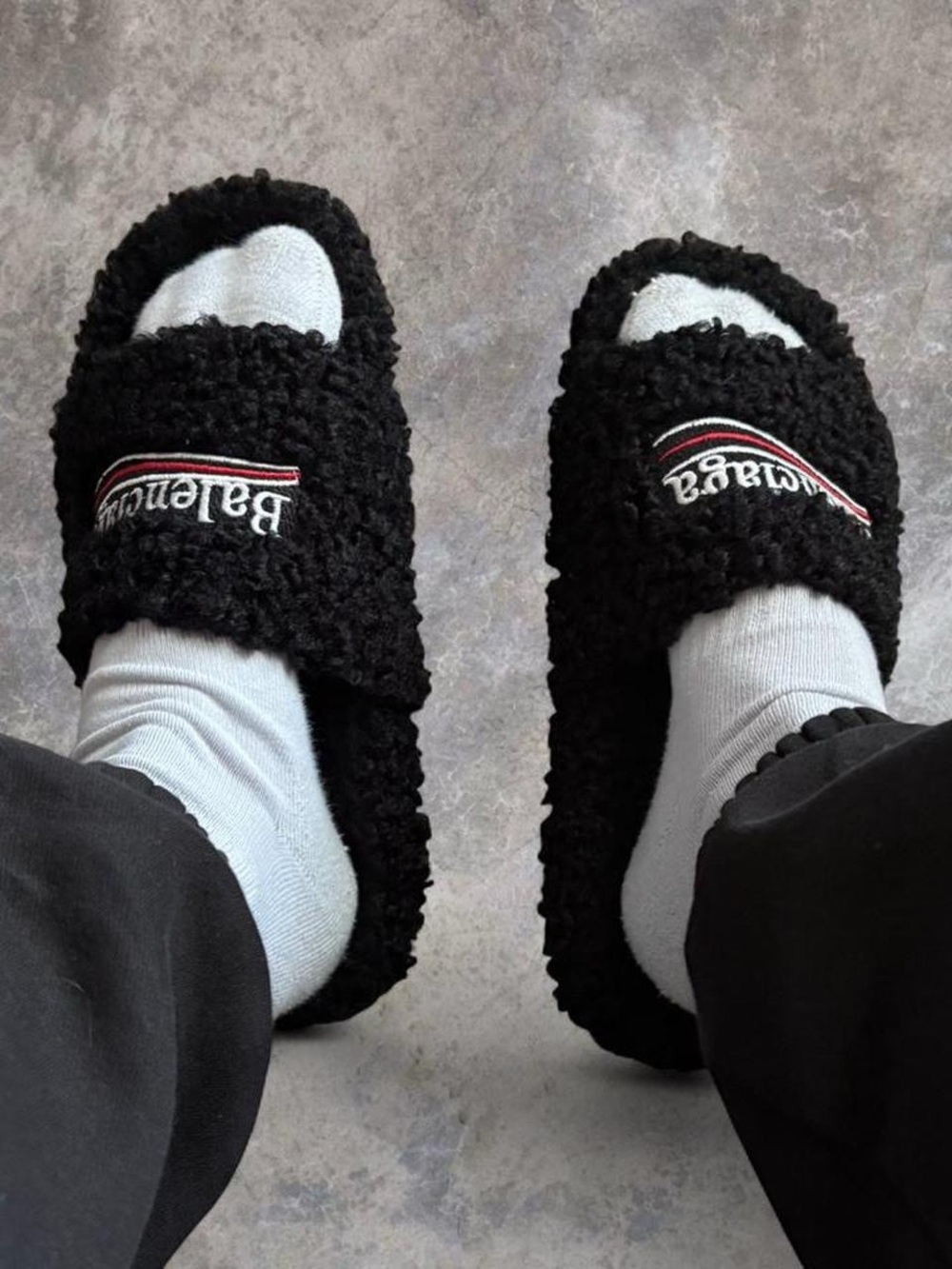 Balenciaga Black Sherpa Slide Sandals with Contrasting Logo